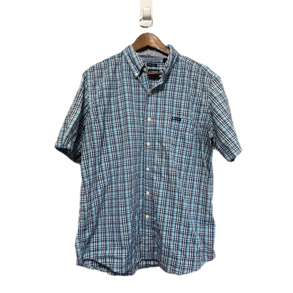 Chaps Button Down Shirt Mens Large Blue Teal Plaid Short Sleeve Excellent